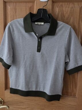 Madewell Olive Green & White Striped Polo with Olive Trim